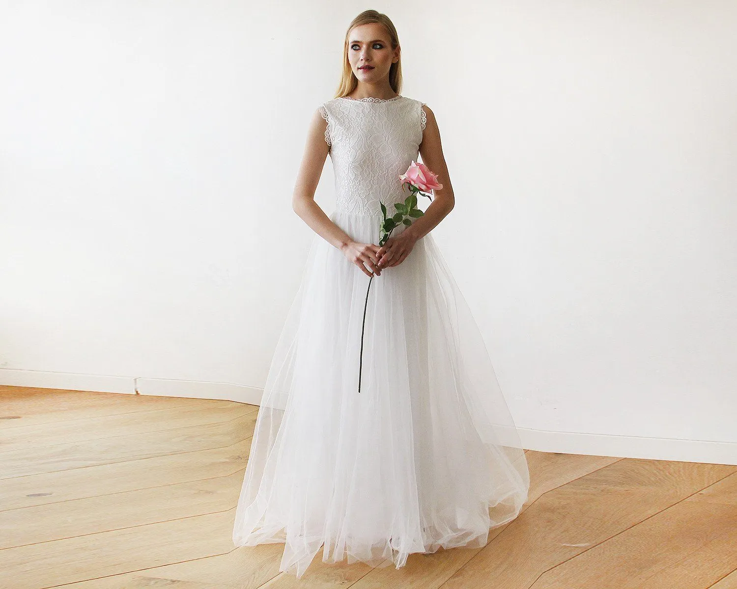 Ivory Tulle & Lace Sleeveless Maxi Dress #1145