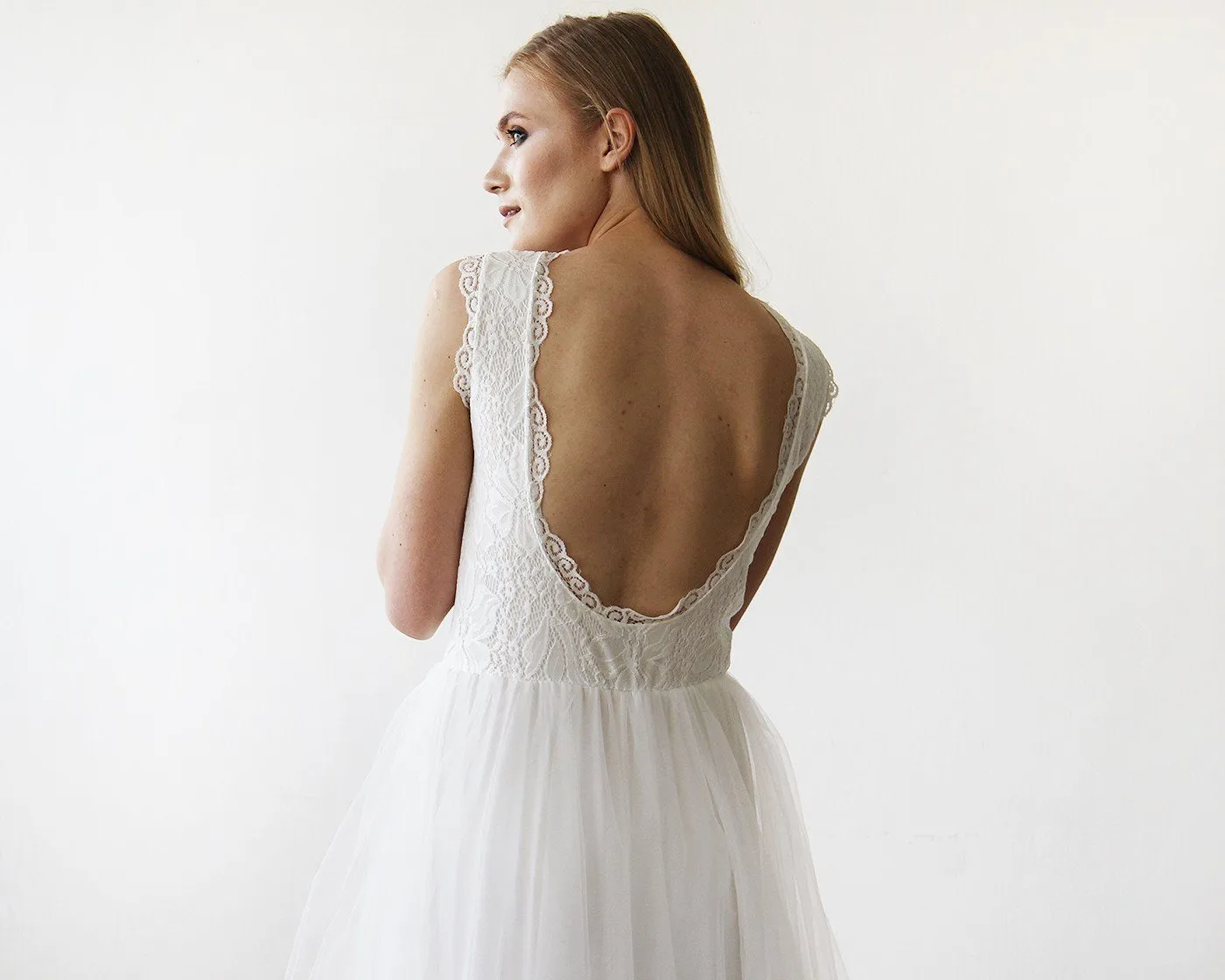 Ivory Tulle & Lace Sleeveless Maxi Dress #1145