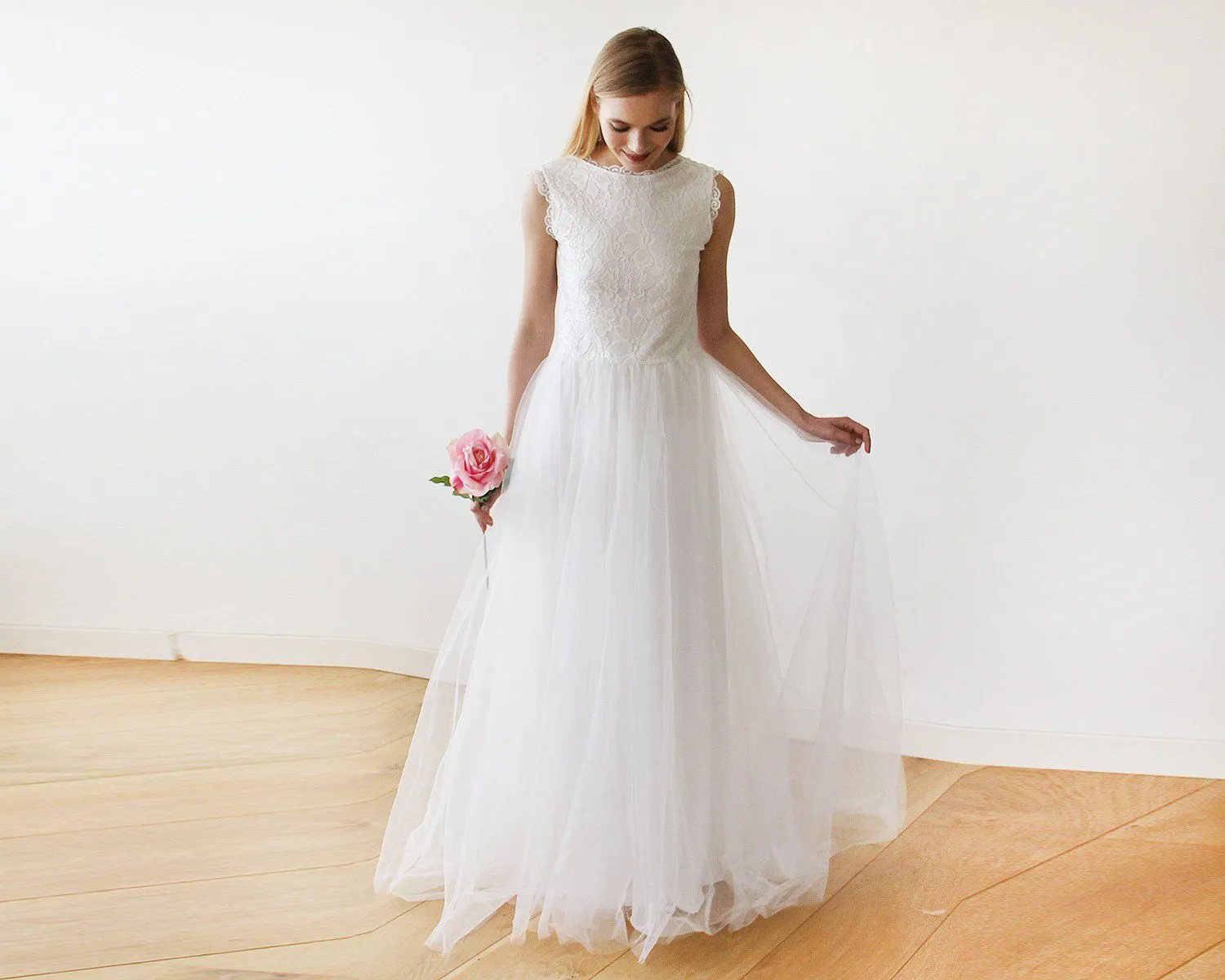 Ivory Tulle & Lace Sleeveless Maxi Dress #1145