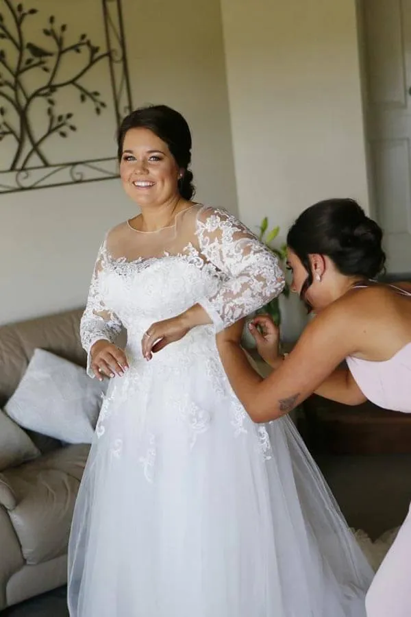 Ivory Tulle Lace A-line Modest Long Sleeves Plus Size Wedding Dresses, MW788
