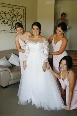 Ivory Tulle Lace A-line Modest Long Sleeves Plus Size Wedding Dresses, MW788