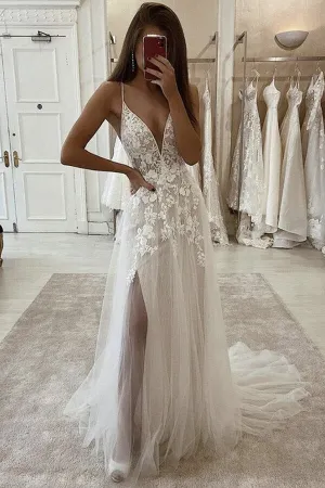 Ivory Tulle Lace A-line Spaghetti Straps Wedding Dresses With Side Slit, MW662