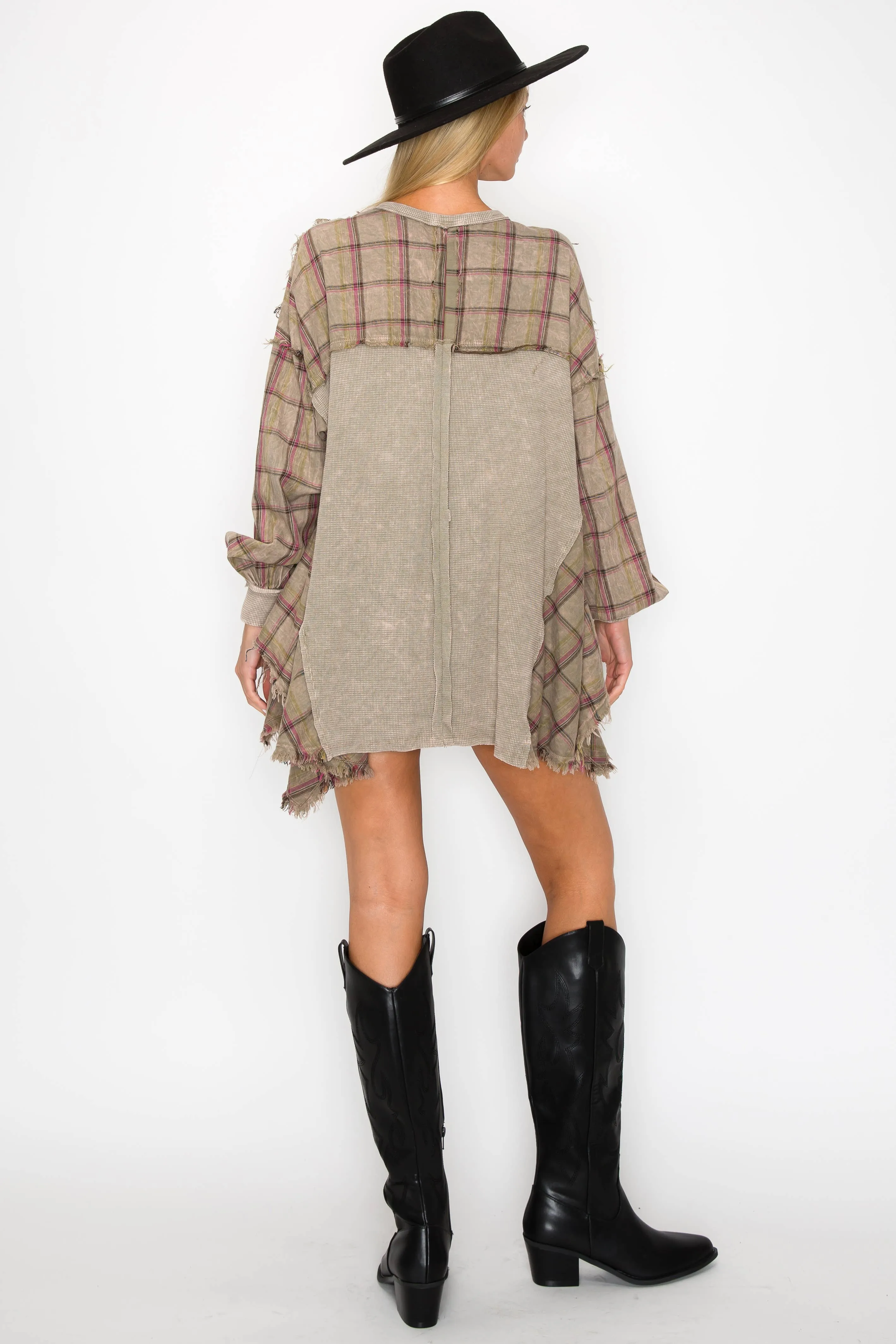 J Her Mineral Wash Pullover with Plaid Flannel Vintage Olive