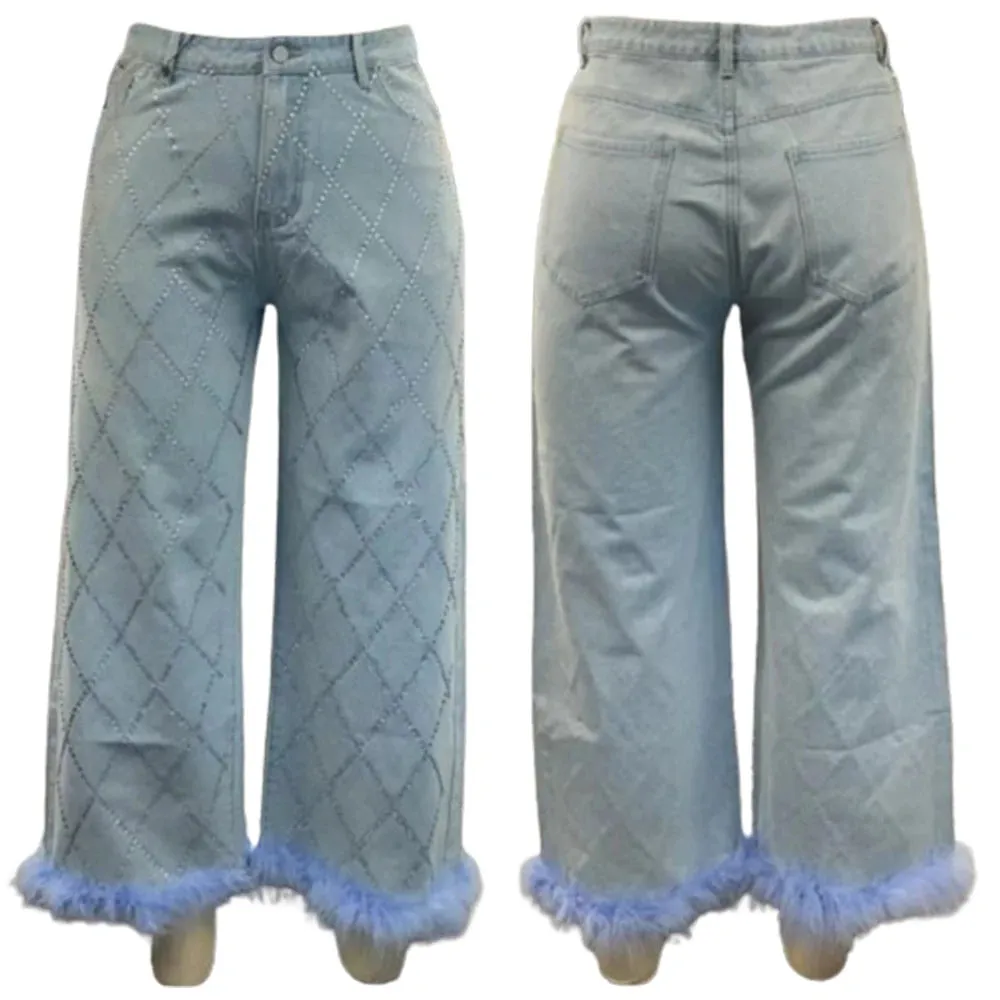 Jean Light Blue High Waist Drilling Straight