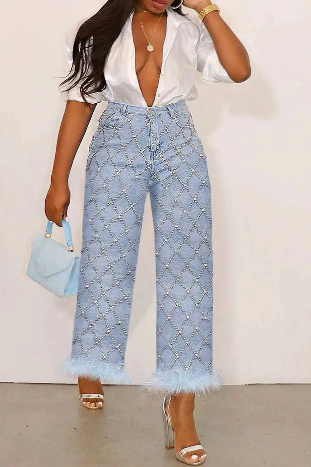 Jean Light Blue High Waist Drilling Straight