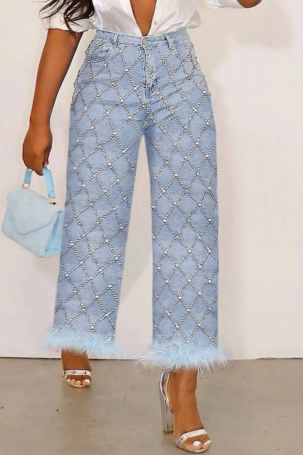 Jean Light Blue High Waist Drilling Straight