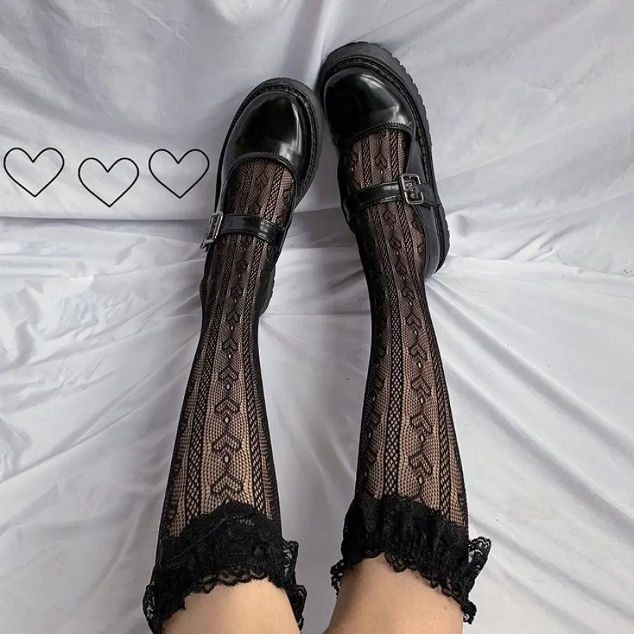 JK Lace Love Embroidery Lolita Calf Length Socks Women Stockings Japanese Socks