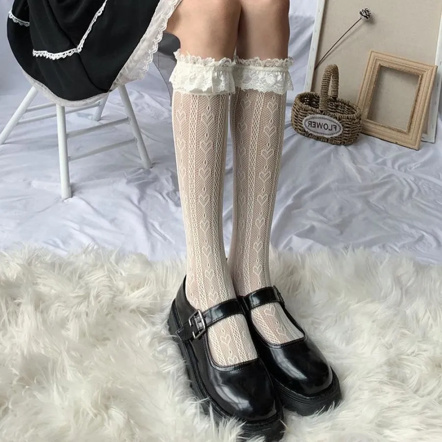 JK Lace Love Embroidery Lolita Calf Length Socks Women Stockings Japanese Socks