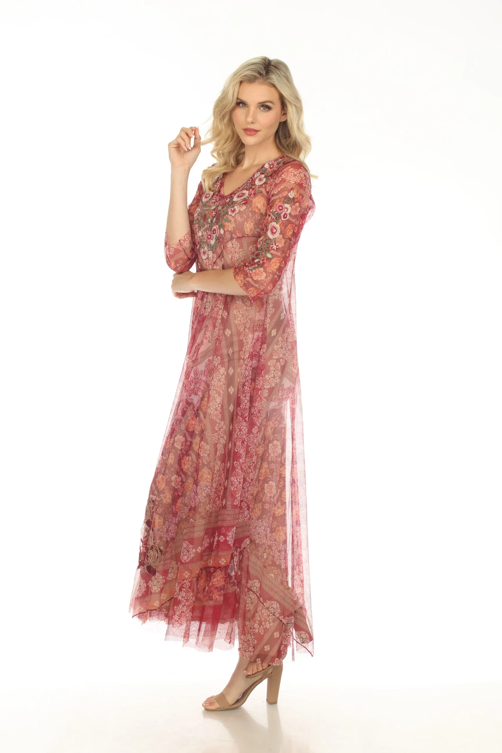 Johnny Was Biya Cardinal Mesh Embroidered Maxi Slip Dress B38823