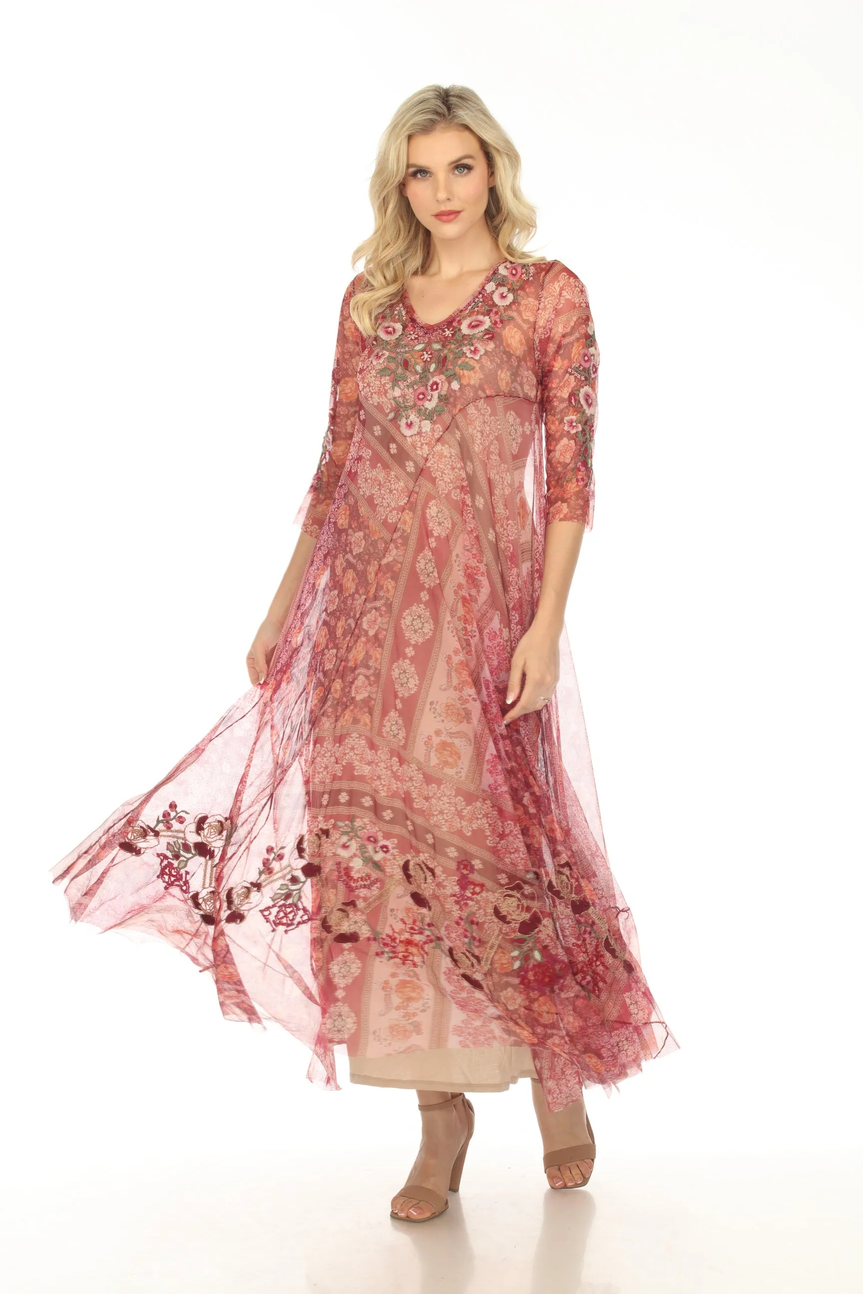 Johnny Was Biya Cardinal Mesh Embroidered Maxi Slip Dress B38823
