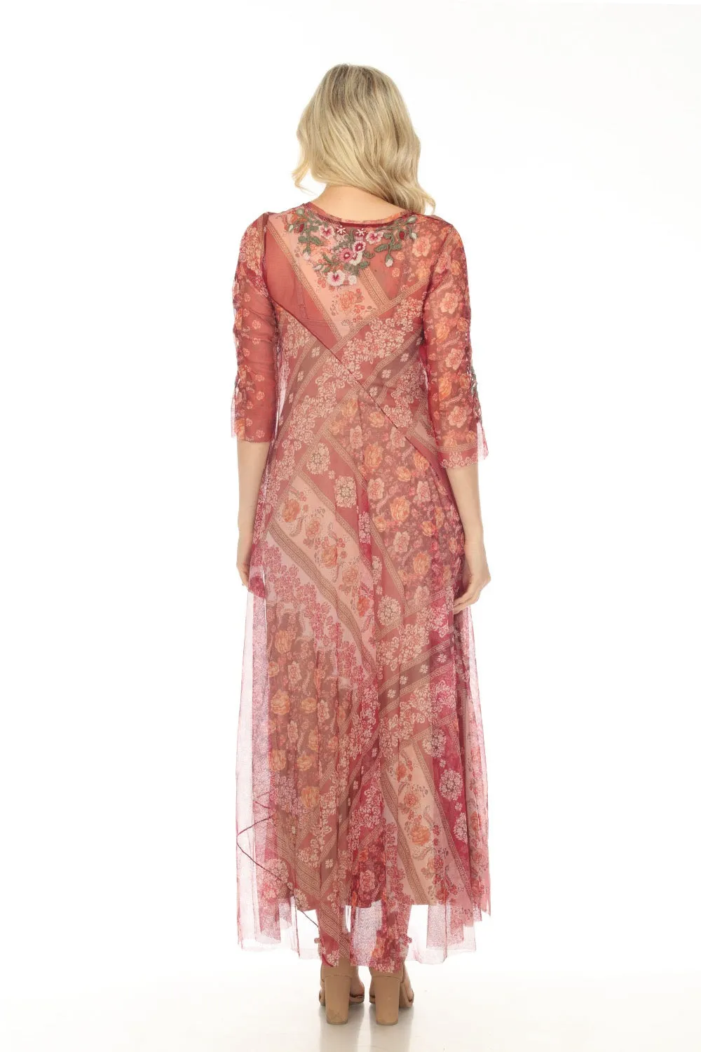 Johnny Was Biya Cardinal Mesh Embroidered Maxi Slip Dress B38823