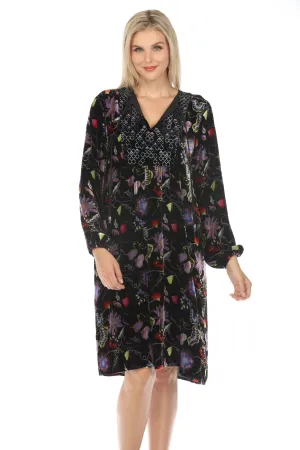 Johnny Was JWLA Inva Lucia Velvet Yoke Embroidered Dress Boho Chic J39623