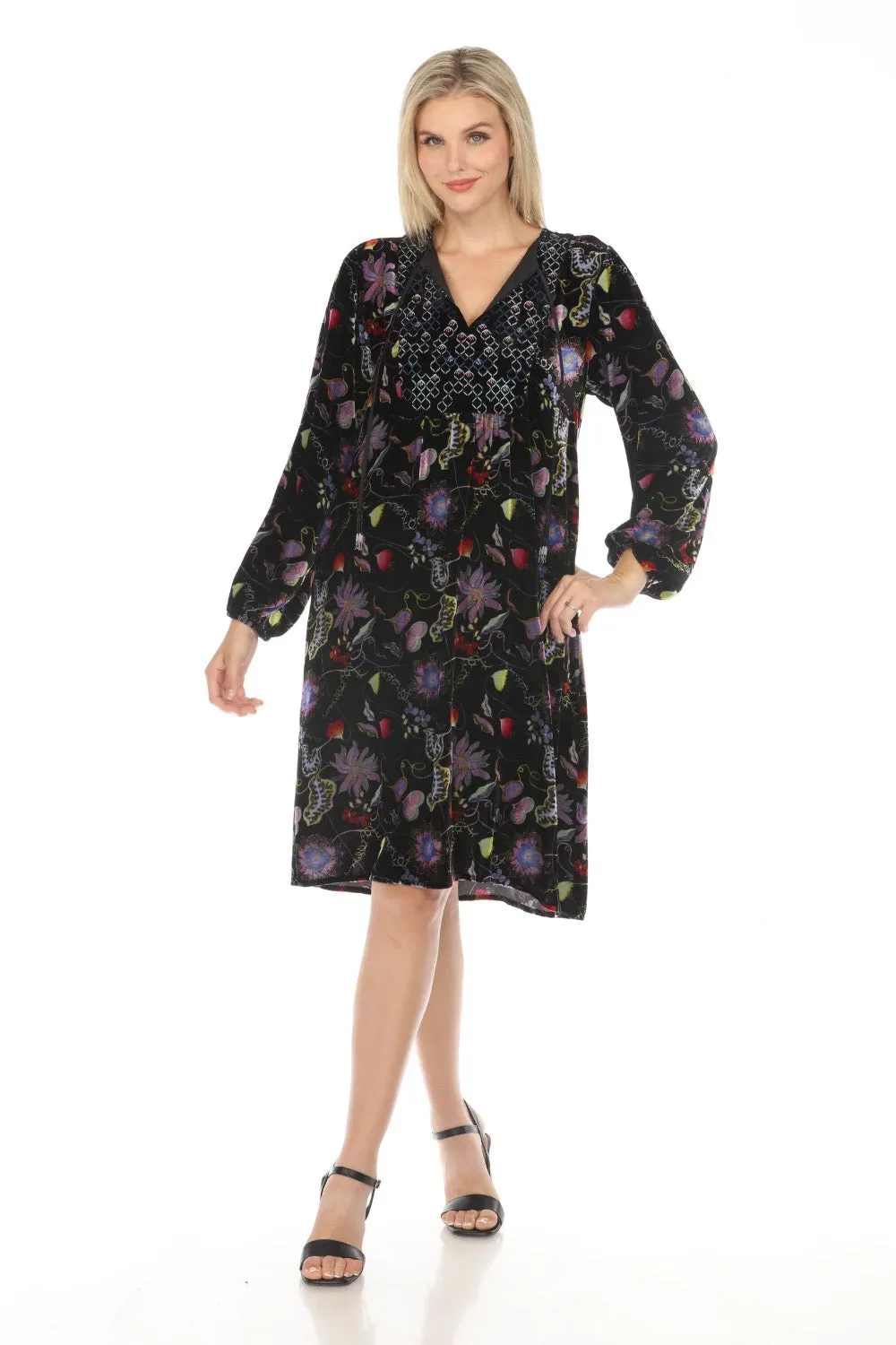 Johnny Was JWLA Inva Lucia Velvet Yoke Embroidered Dress Boho Chic J39623