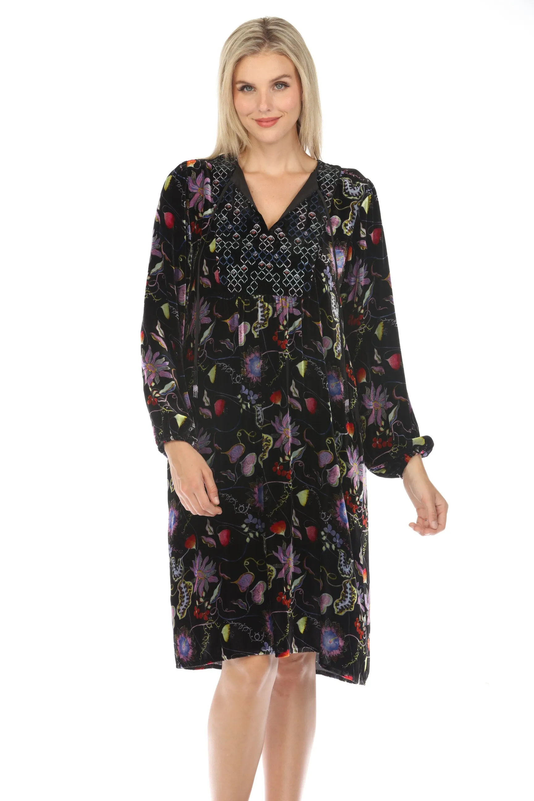 Johnny Was JWLA Inva Lucia Velvet Yoke Embroidered Dress Boho Chic J39623