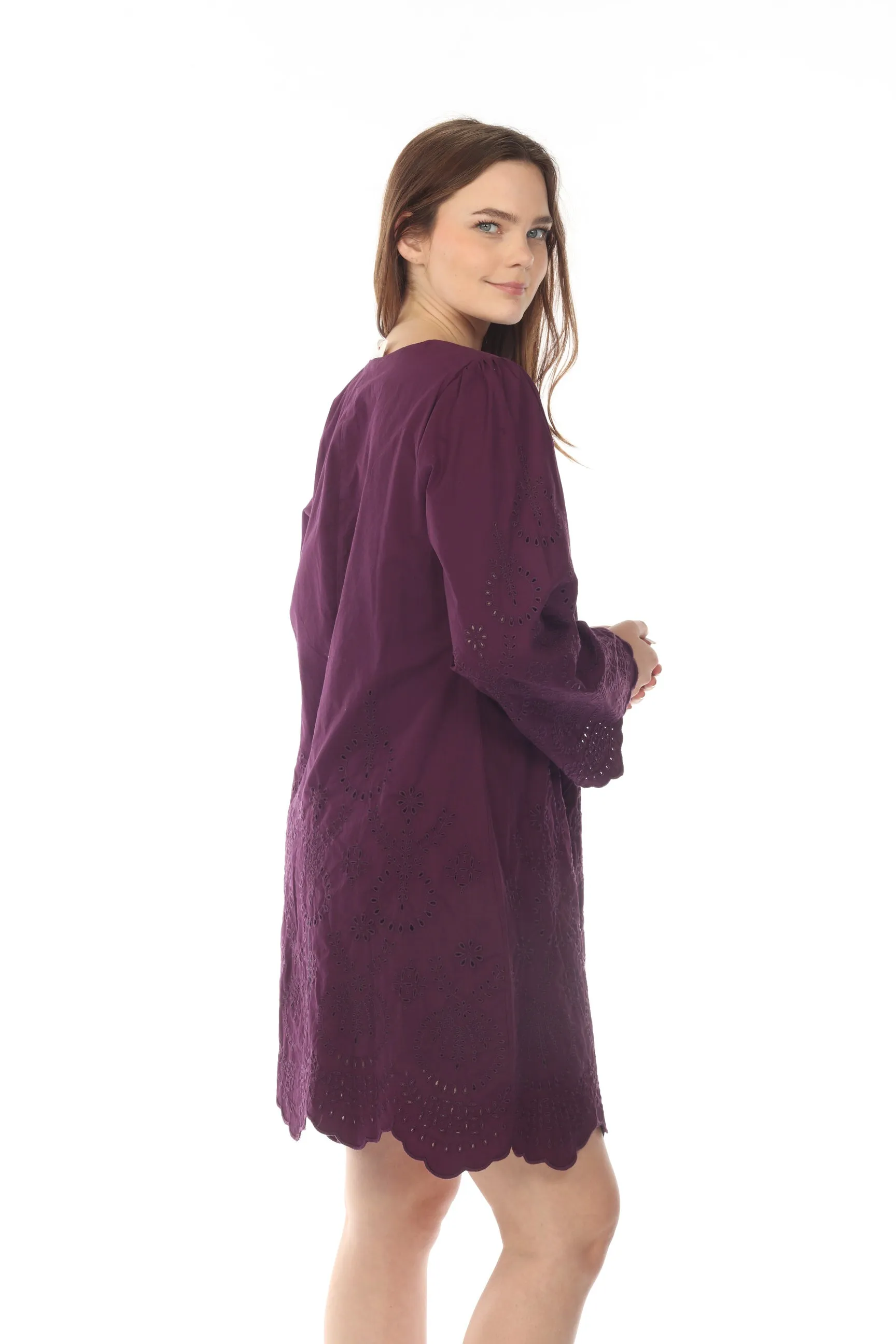 Johnny Was Love Purple Sylvia Eyelet Embroidered Mini Dress Boho Chic L38822