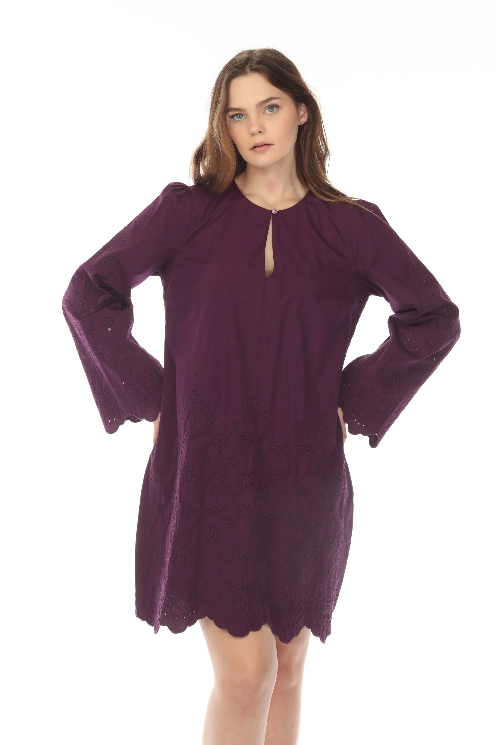 Johnny Was Love Purple Sylvia Eyelet Embroidered Mini Dress Boho Chic L38822