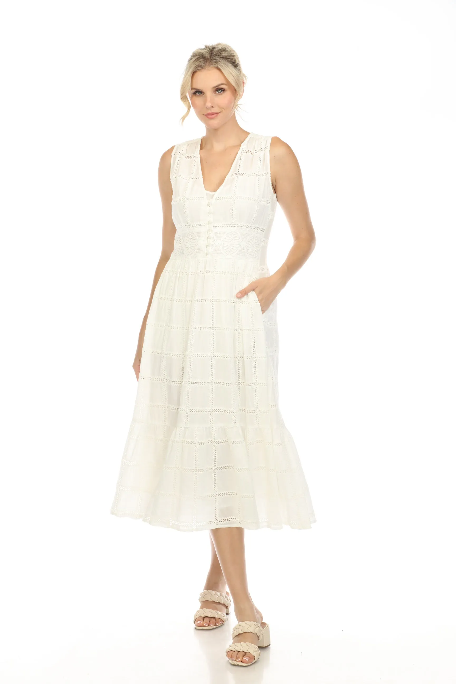 Johnny Was Love White Aaliyah Sleeveless Midi Dress Boho Chic L38924