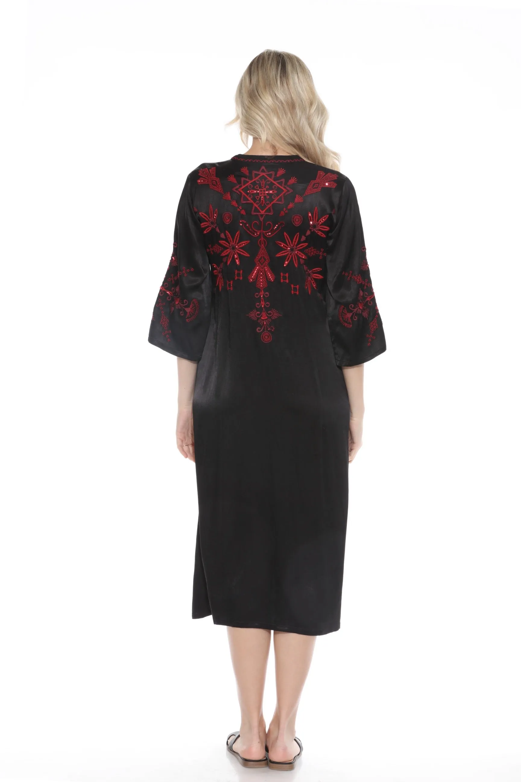 Johnny Was Workshop Black Mandarin Collar Sequin Embroidered Midi Dress W30624