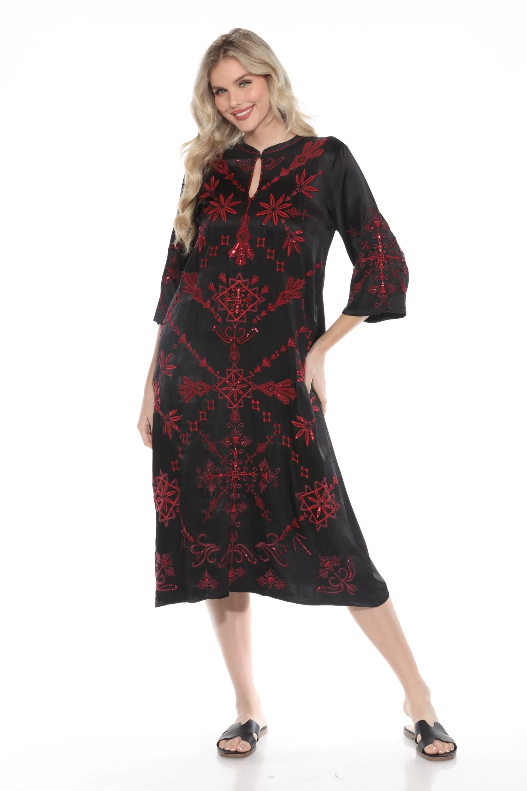 Johnny Was Workshop Black Mandarin Collar Sequin Embroidered Midi Dress W30624