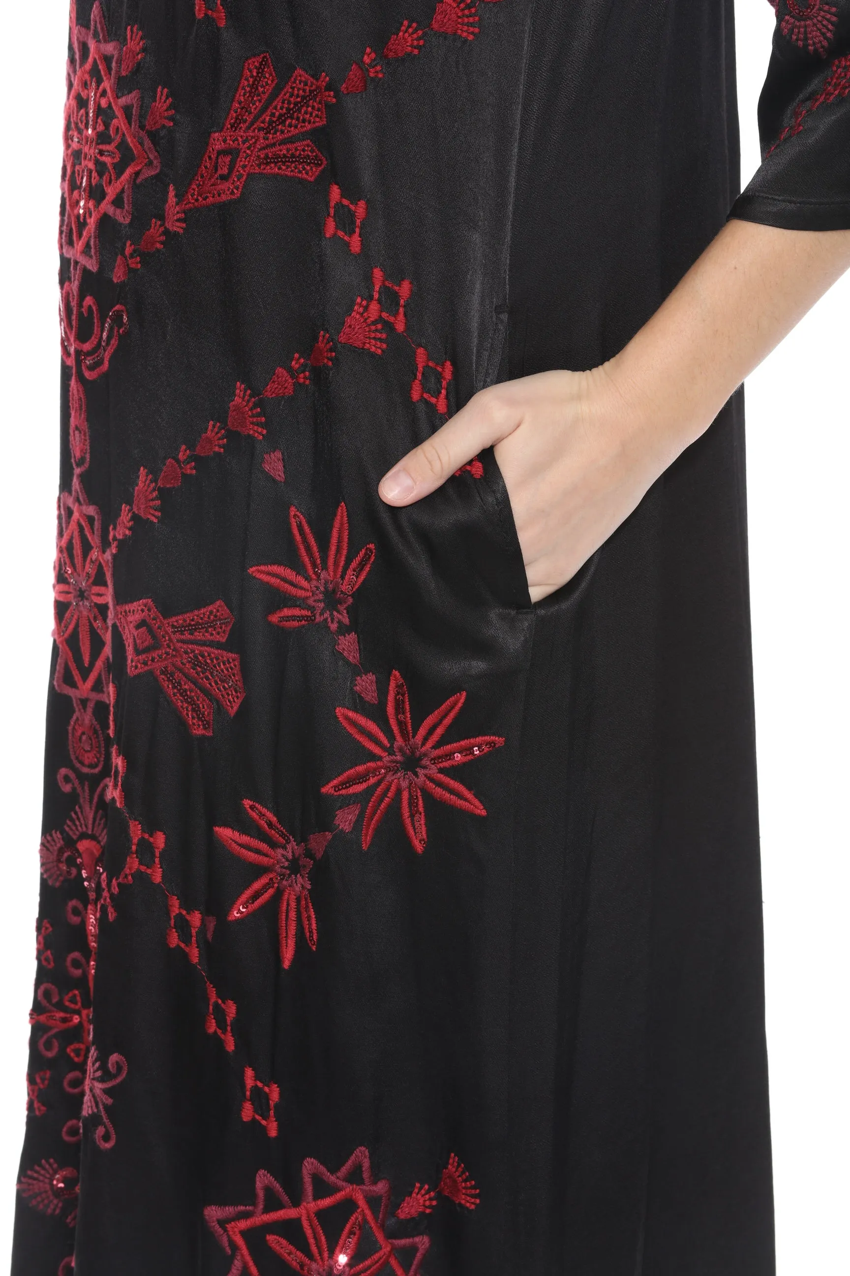 Johnny Was Workshop Black Mandarin Collar Sequin Embroidered Midi Dress W30624
