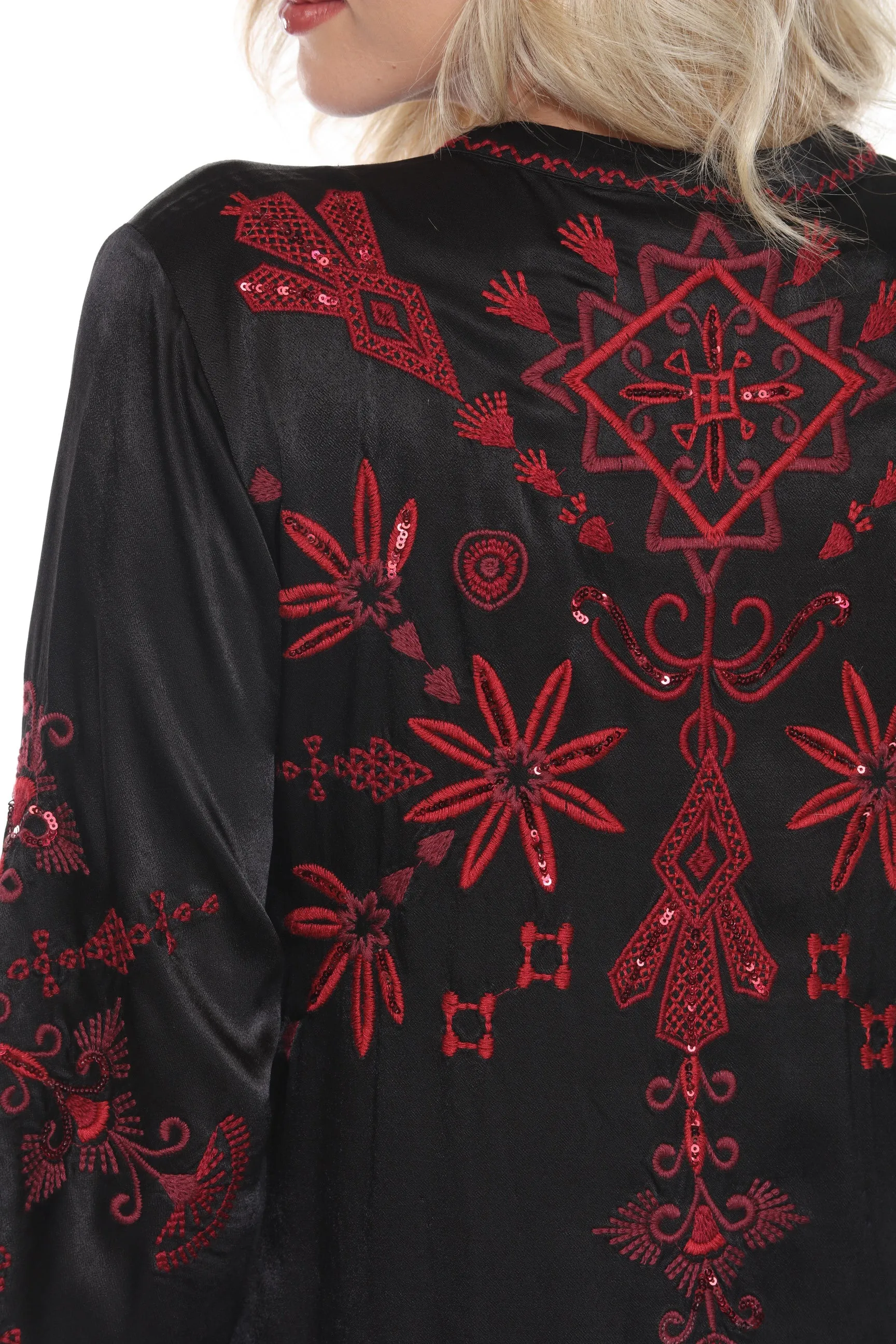 Johnny Was Workshop Black Mandarin Collar Sequin Embroidered Midi Dress W30624