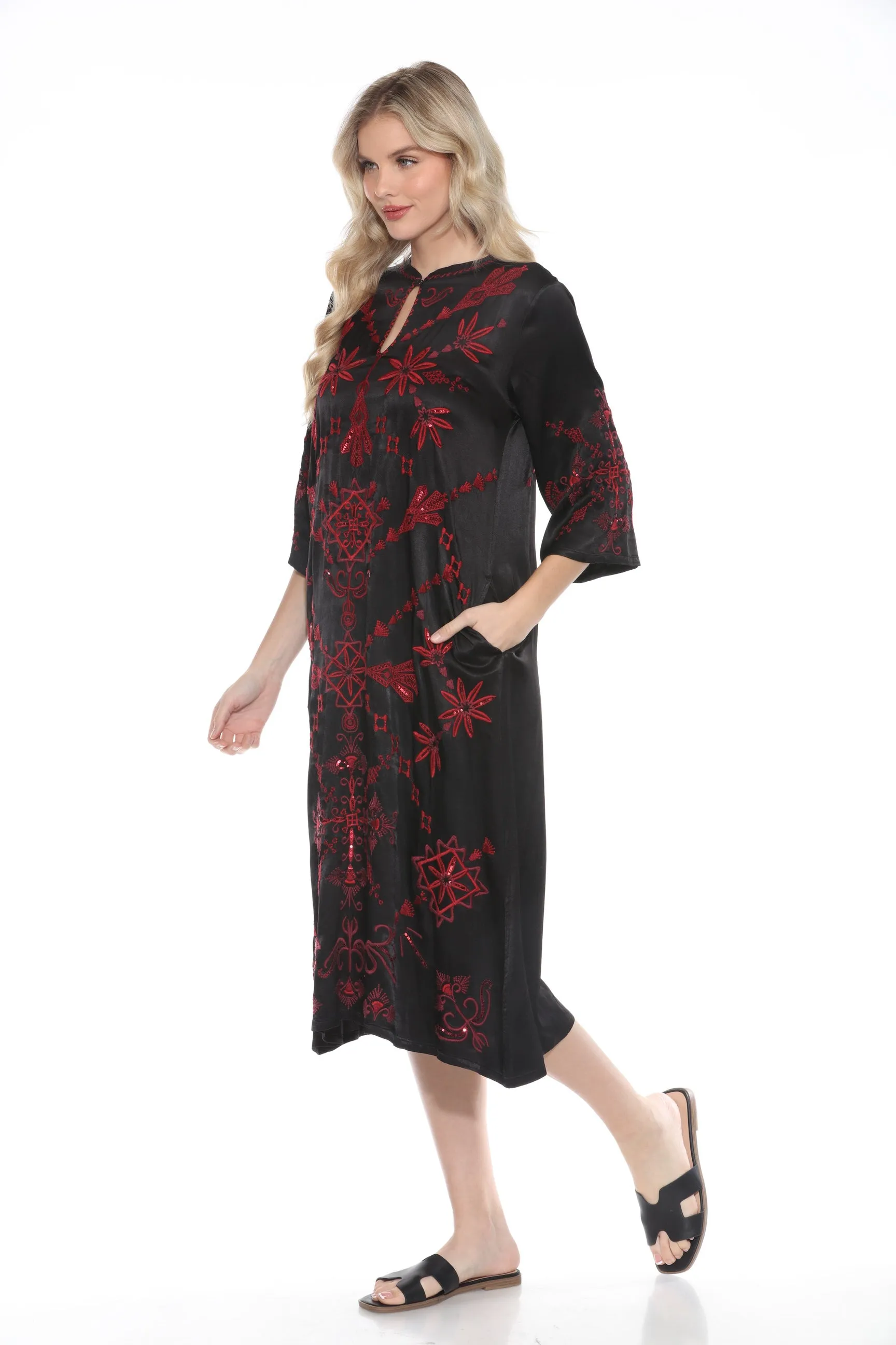 Johnny Was Workshop Black Mandarin Collar Sequin Embroidered Midi Dress W30624