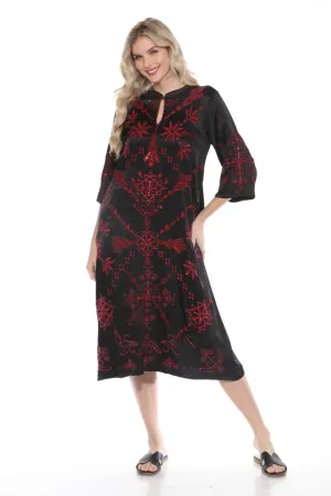 Johnny Was Workshop Black Mandarin Collar Sequin Embroidered Midi Dress W30624
