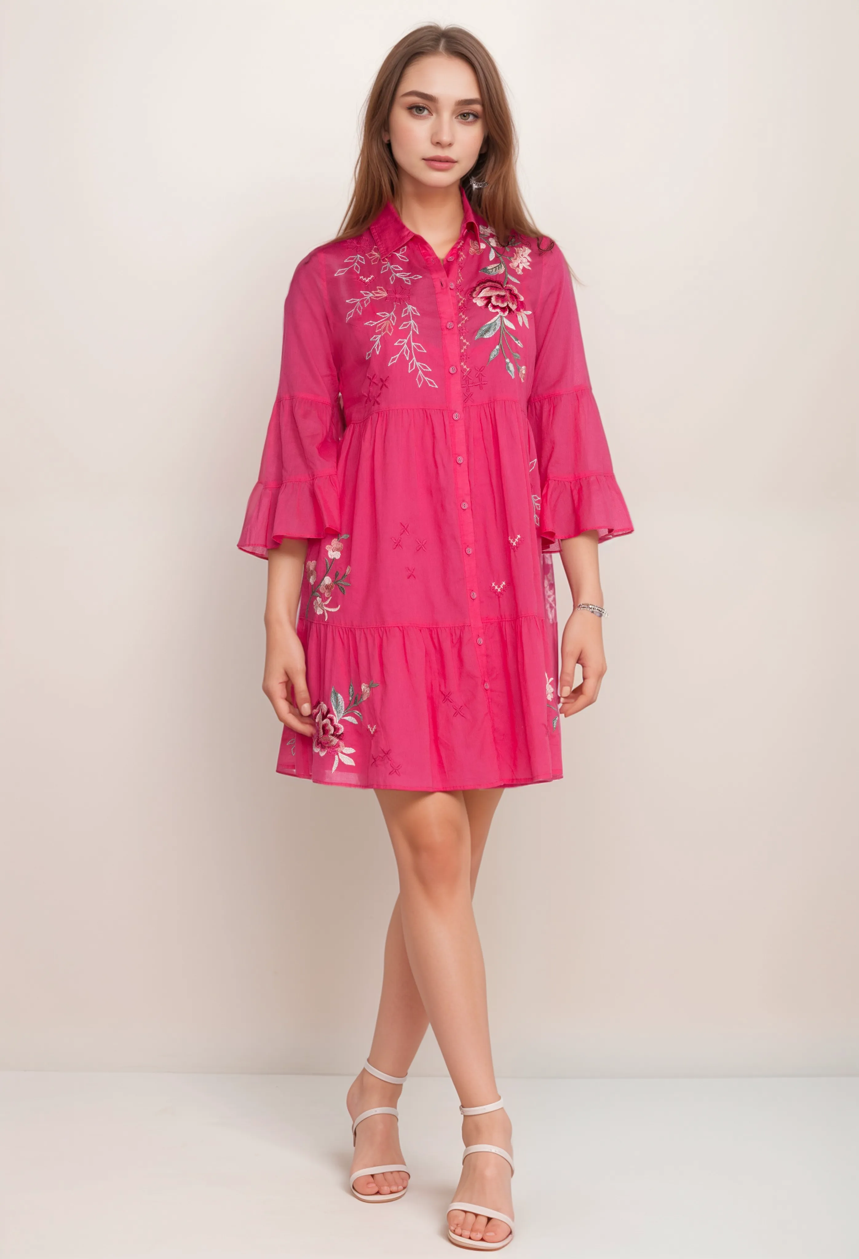 Johnny Was Workshop Erinn Floral Embroidered Tiered Dress (Slip) W38224 Boho Chic*