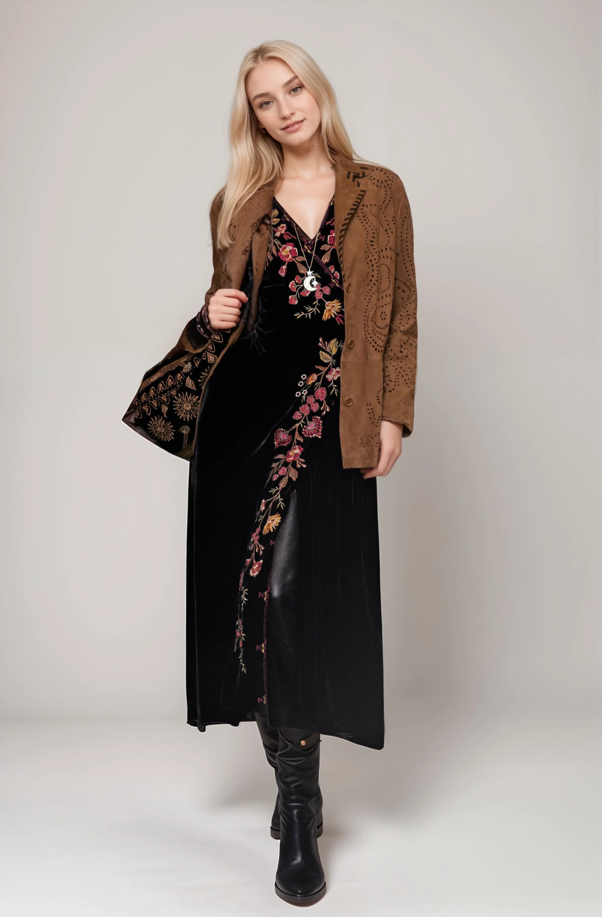 Johnny Was Workshop Lilith Satin Floral Embroidered Wrap Dress Boho Chic W32223*