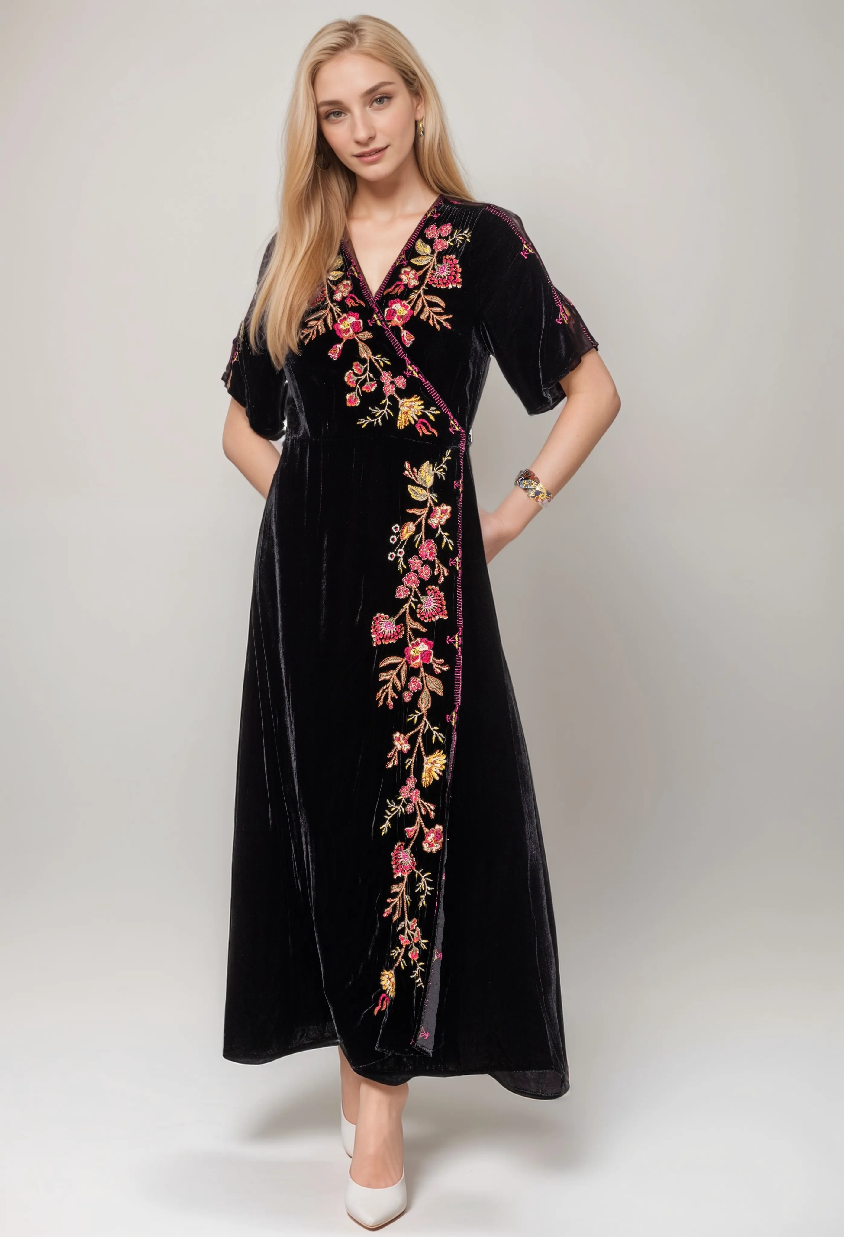 Johnny Was Workshop Lilith Satin Floral Embroidered Wrap Dress Boho Chic W32223*