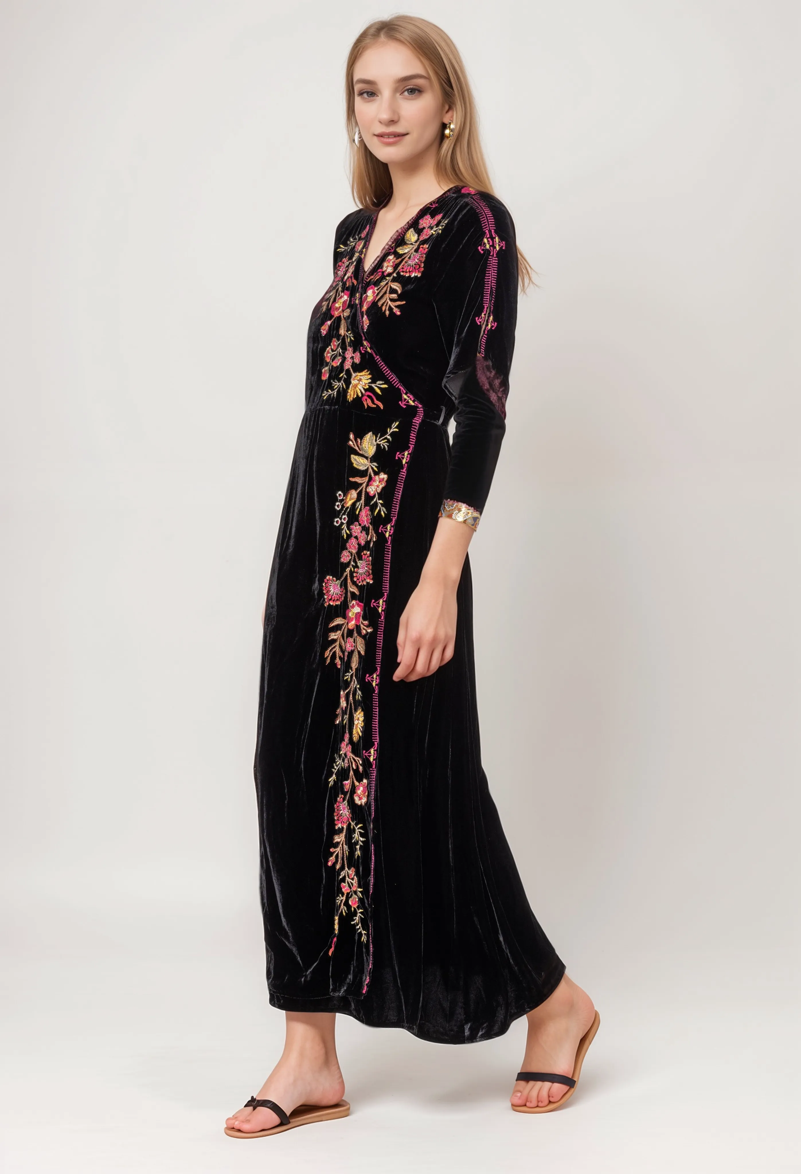 Johnny Was Workshop Lilith Satin Floral Embroidered Wrap Dress Boho Chic W32223*