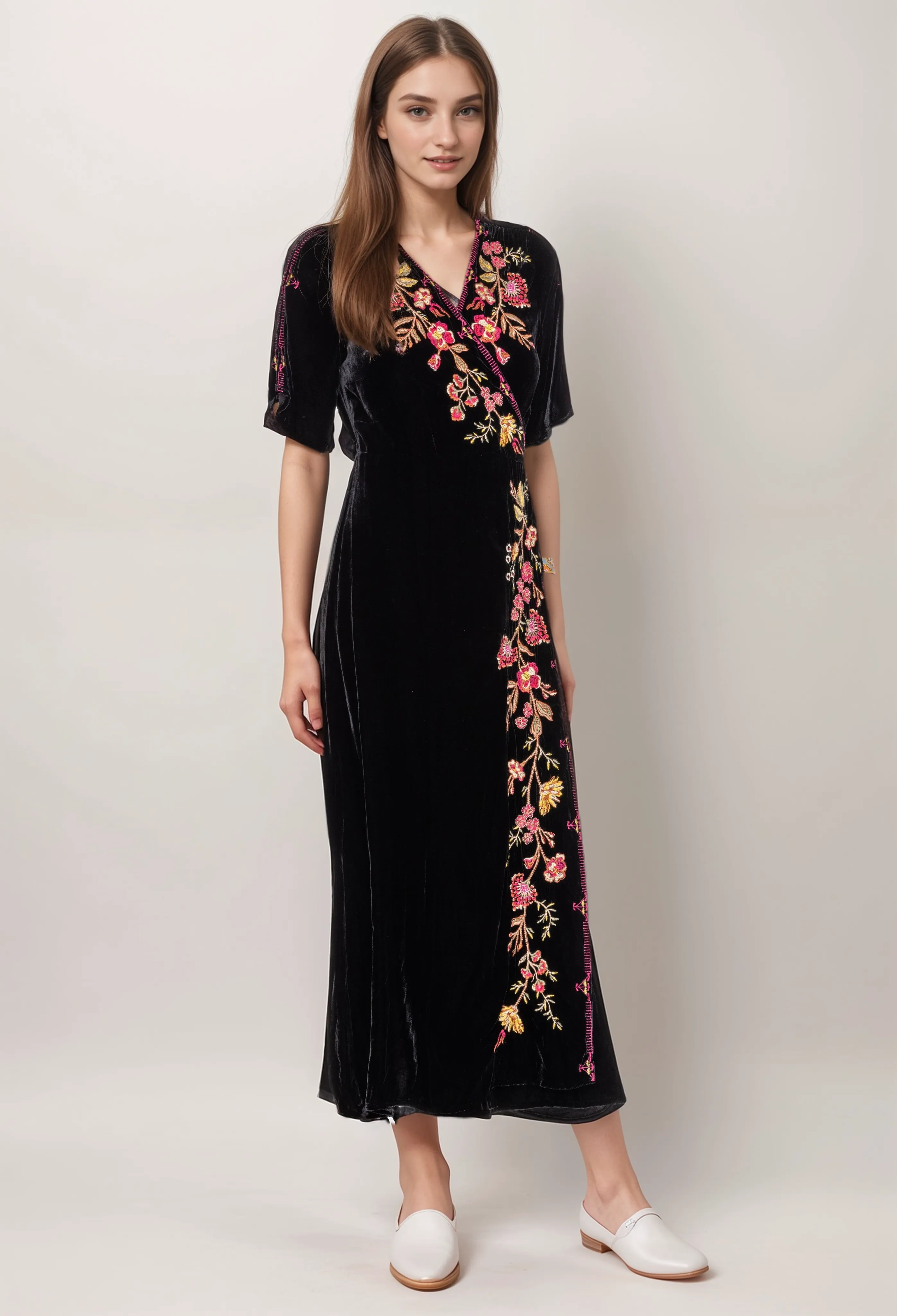 Johnny Was Workshop Lilith Satin Floral Embroidered Wrap Dress Boho Chic W32223*