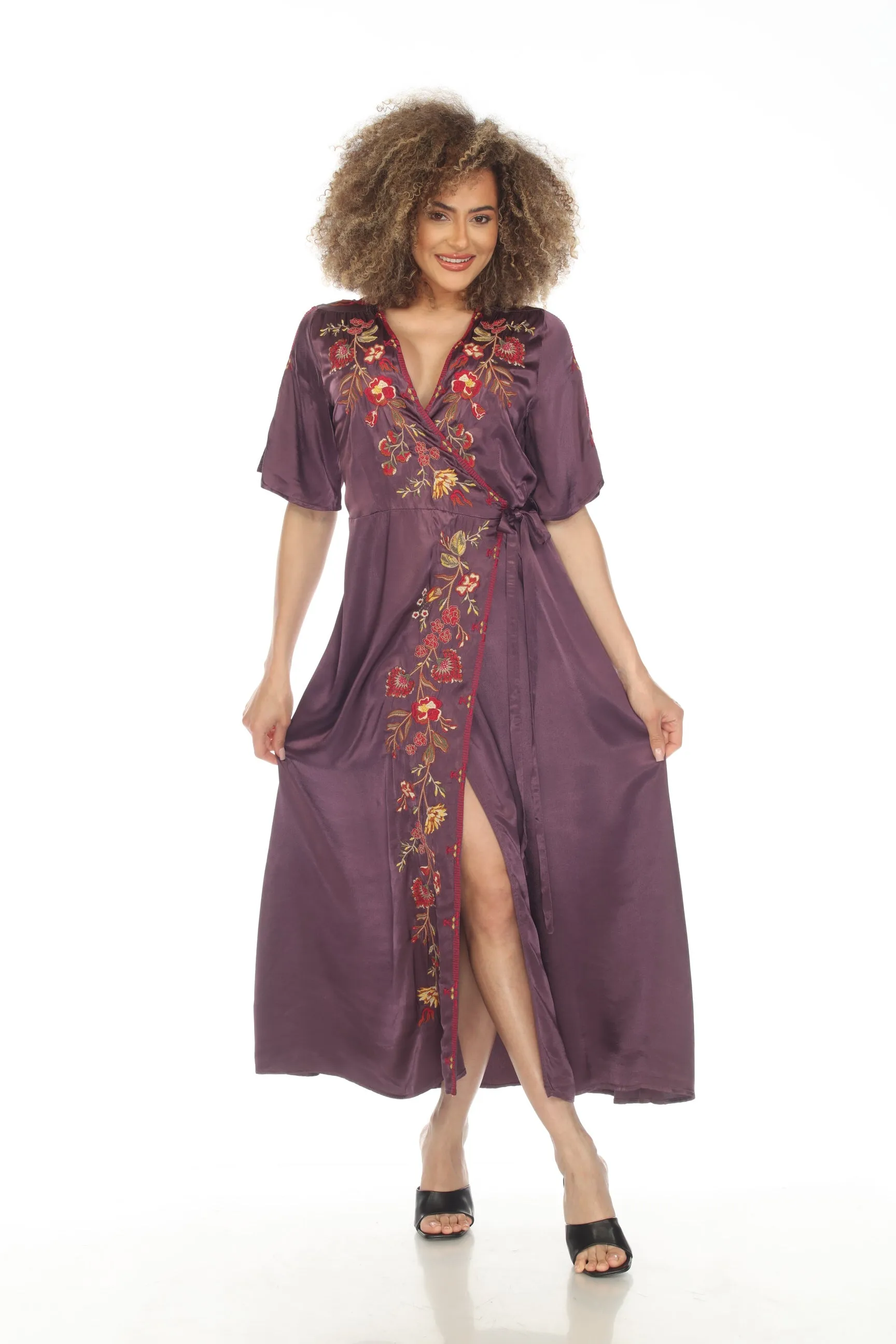 Johnny Was Workshop Lilith Satin Floral Embroidered Wrap Dress Boho Chic W32223*