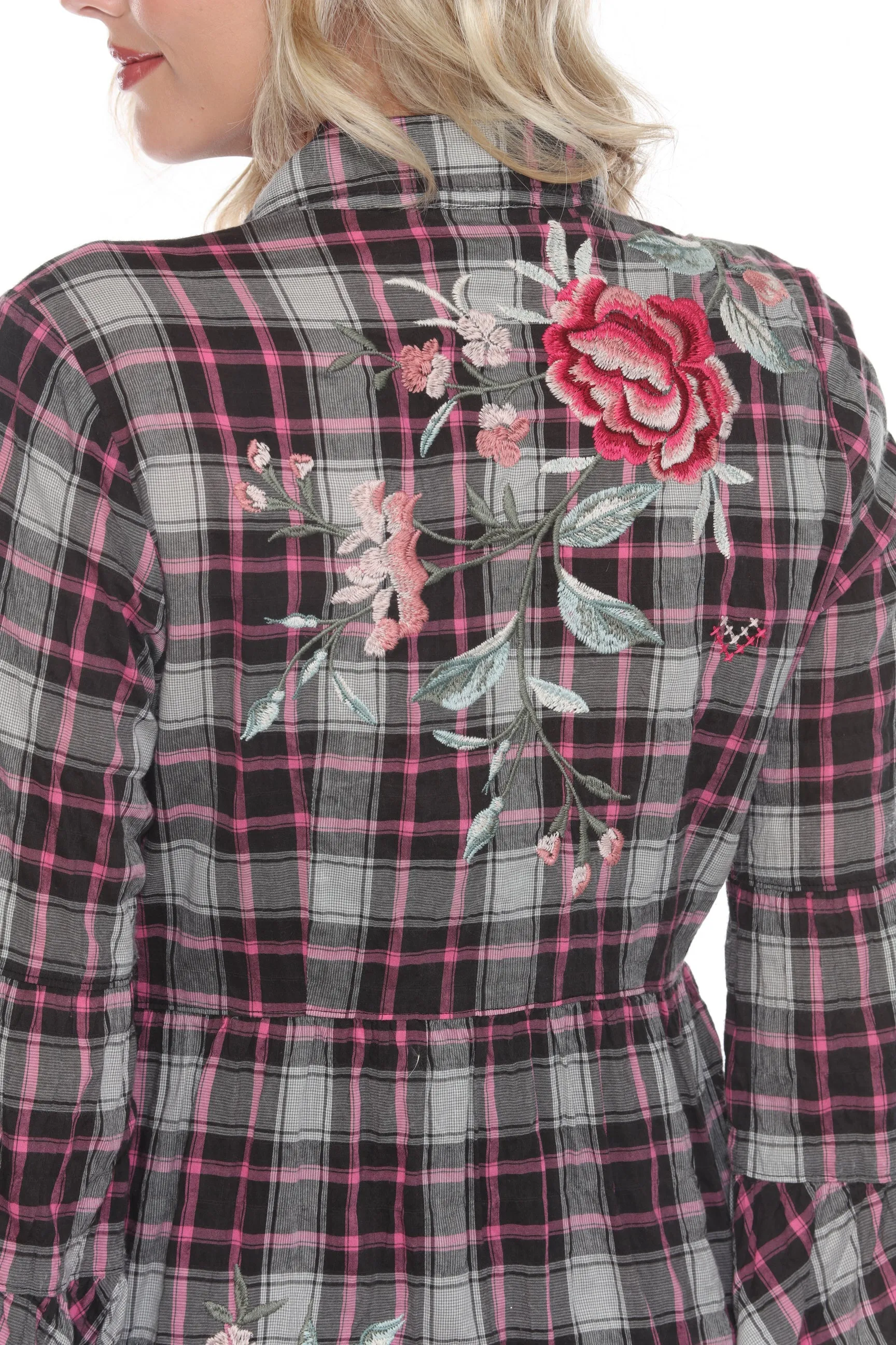 Johnny Was Workshop Plaid Embroidered Shirt Dress W34423