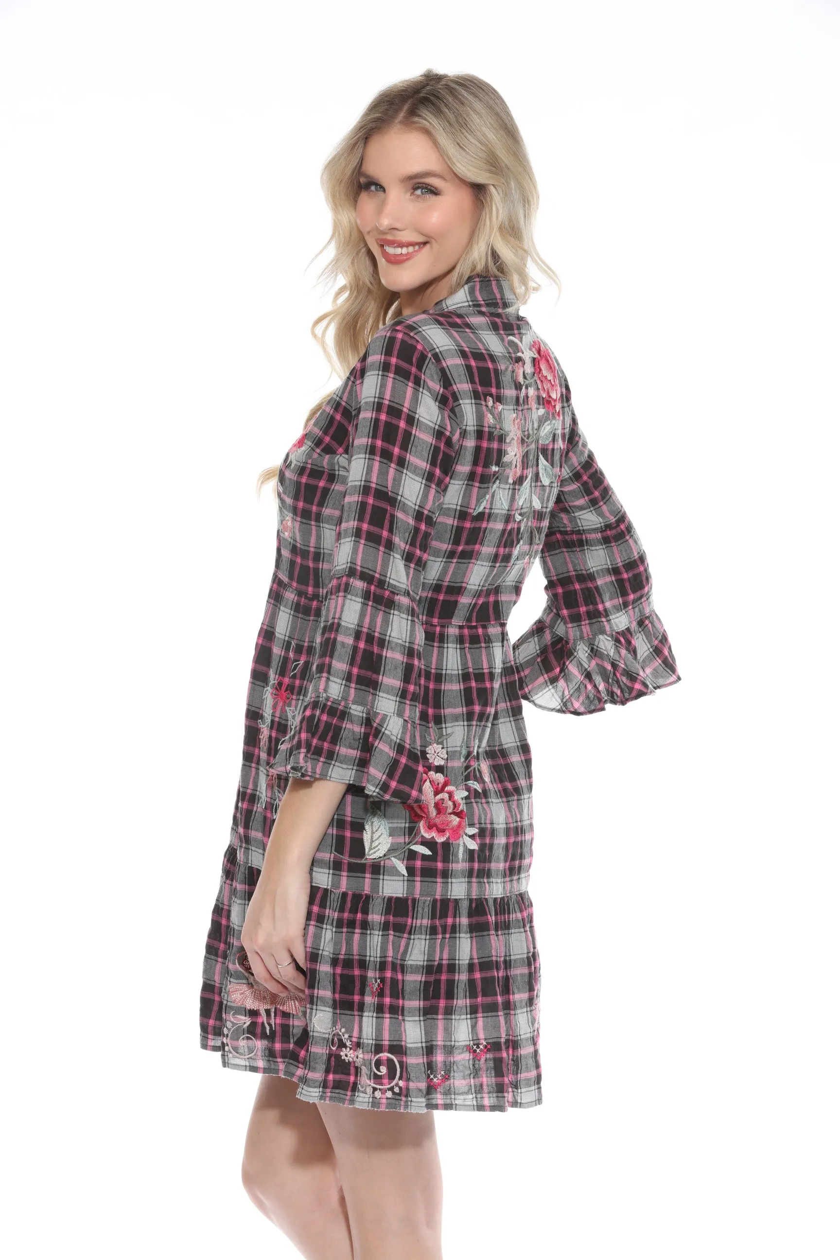 Johnny Was Workshop Plaid Embroidered Shirt Dress W34423