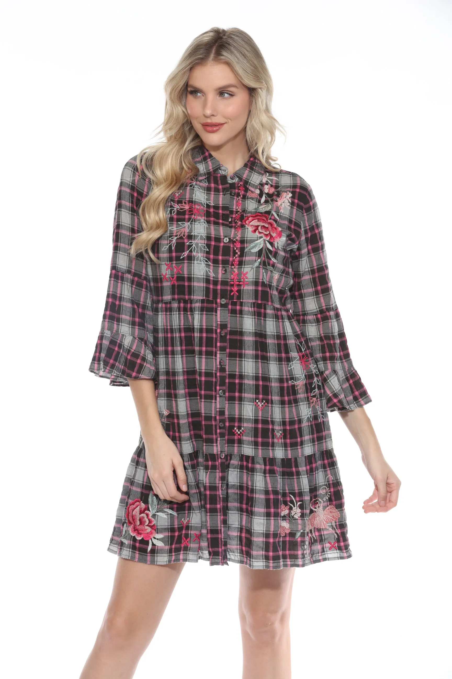 Johnny Was Workshop Plaid Embroidered Shirt Dress W34423