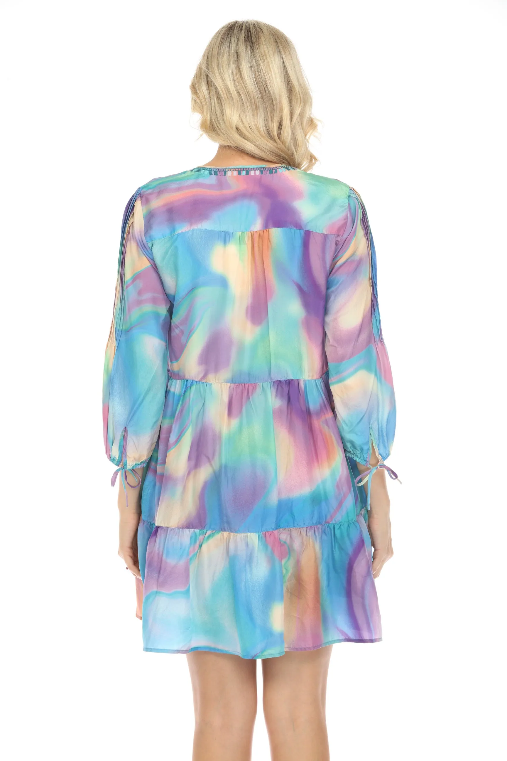Johnny Was Workshop Watercolor Print Silk Mini Dress W34824 Boho Chic