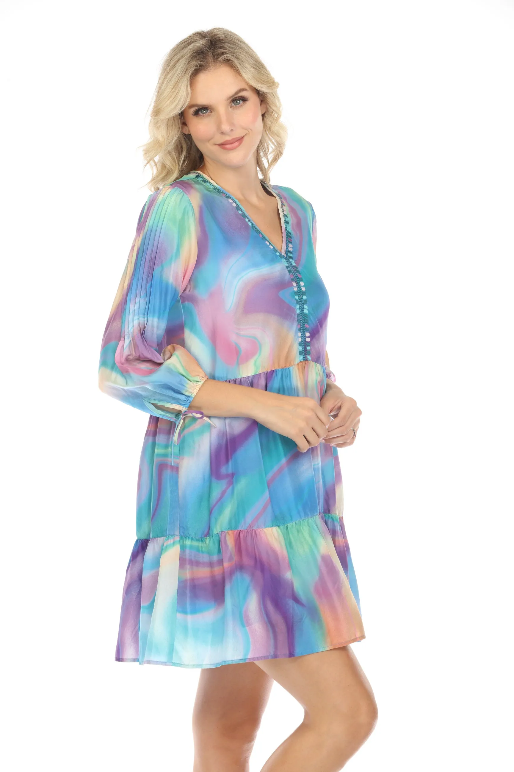 Johnny Was Workshop Watercolor Print Silk Mini Dress W34824 Boho Chic