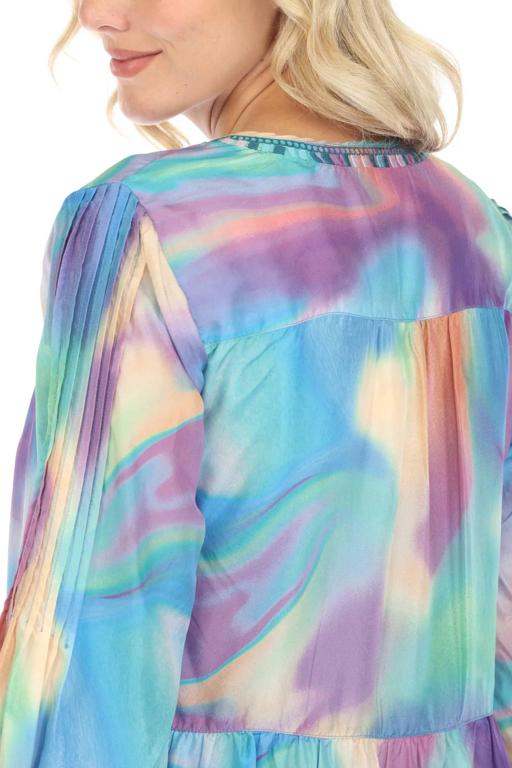 Johnny Was Workshop Watercolor Print Silk Mini Dress W34824 Boho Chic