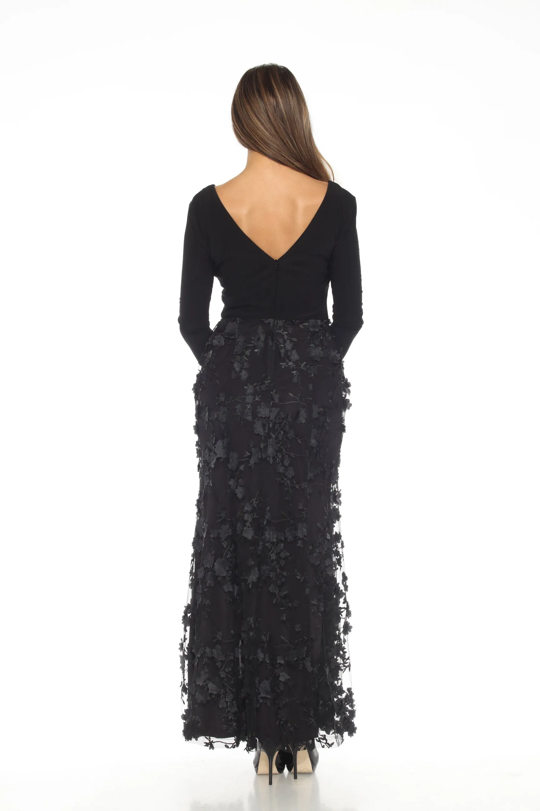 Joseph Ribkoff Black Floral Mesh Front Slit Evening Dress 243755