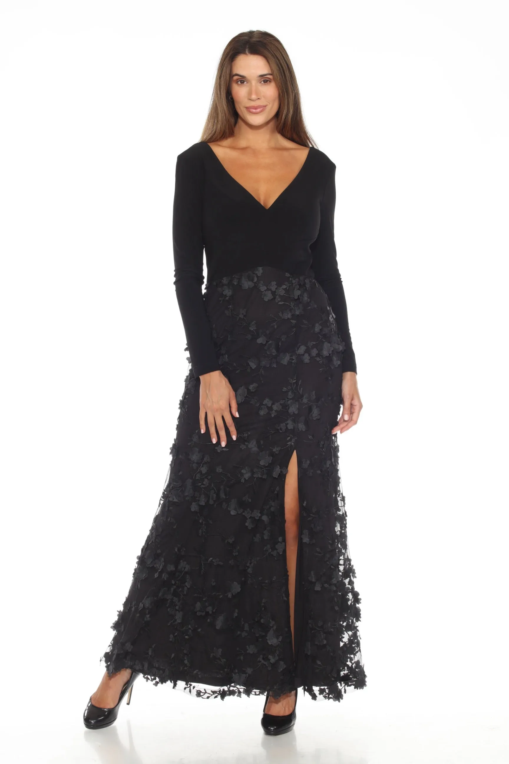 Joseph Ribkoff Black Floral Mesh Front Slit Evening Dress 243755