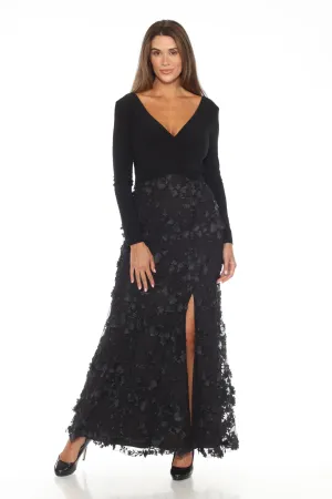 Joseph Ribkoff Black Floral Mesh Front Slit Evening Dress 243755