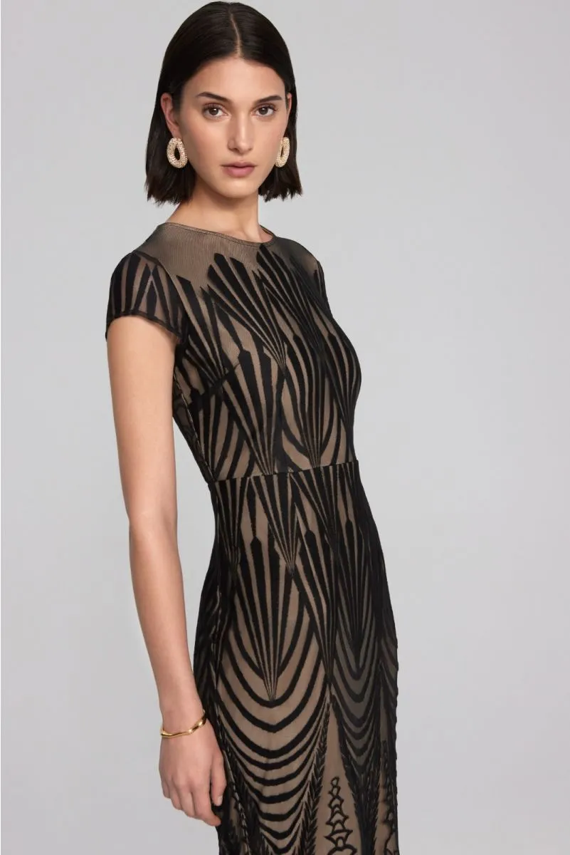 Joseph Ribkoff Black/Nude Mesh Embroidered Trumpet Long Evening Gown 241776