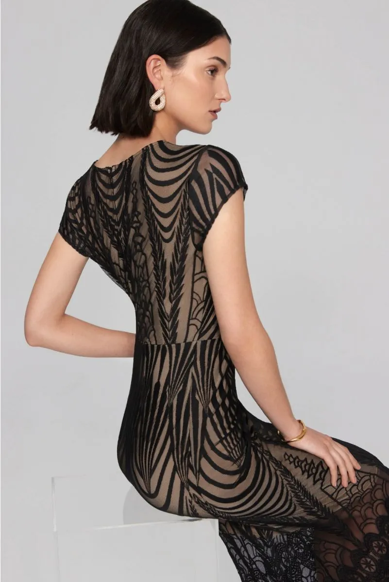 Joseph Ribkoff Black/Nude Mesh Embroidered Trumpet Long Evening Gown 241776