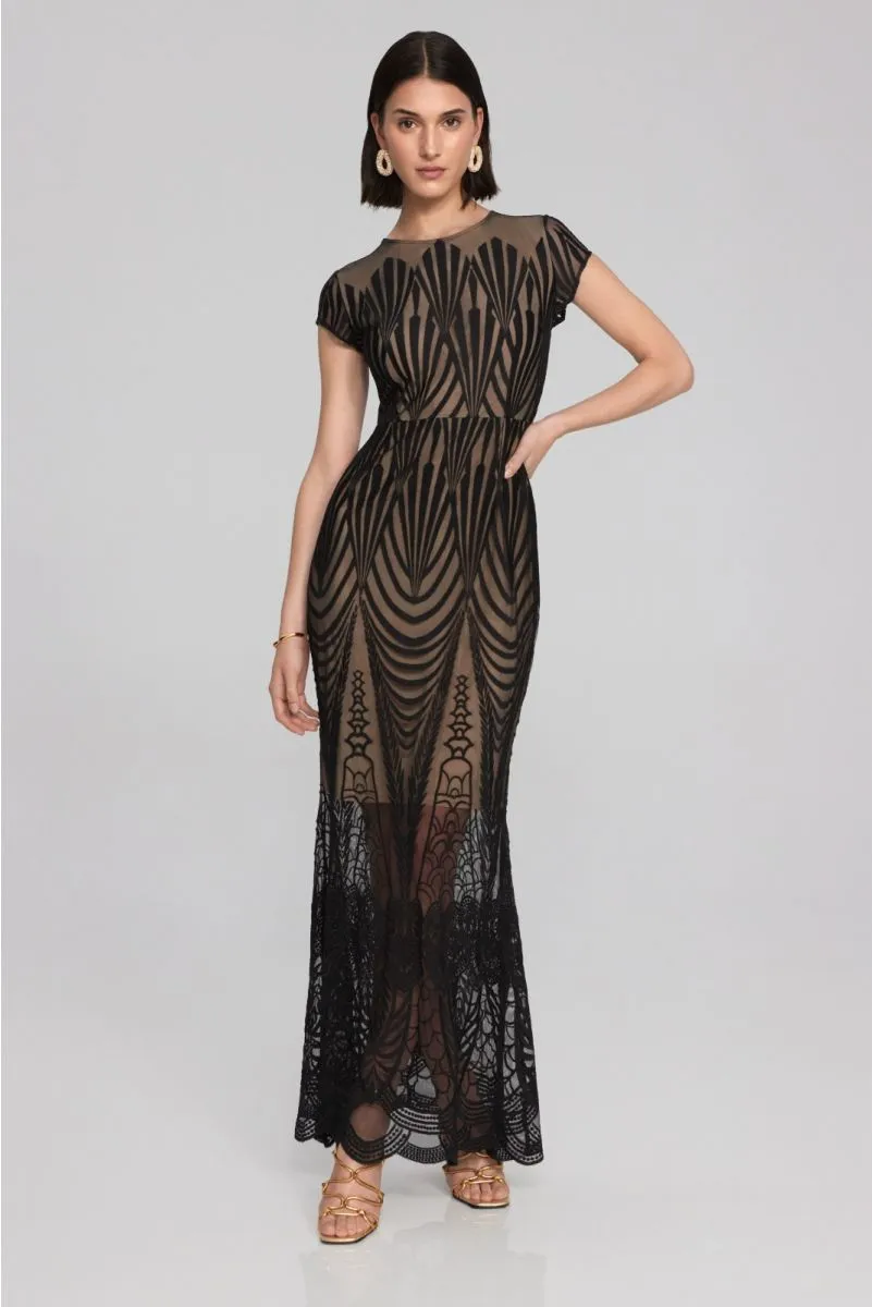 Joseph Ribkoff Black/Nude Mesh Embroidered Trumpet Long Evening Gown 241776