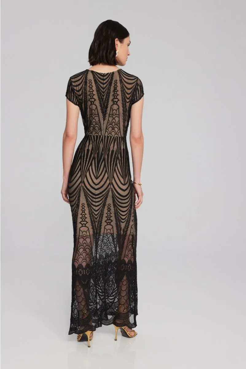 Joseph Ribkoff Black/Nude Mesh Embroidered Trumpet Long Evening Gown 241776