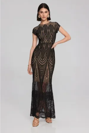Joseph Ribkoff Black/Nude Mesh Embroidered Trumpet Long Evening Gown 241776