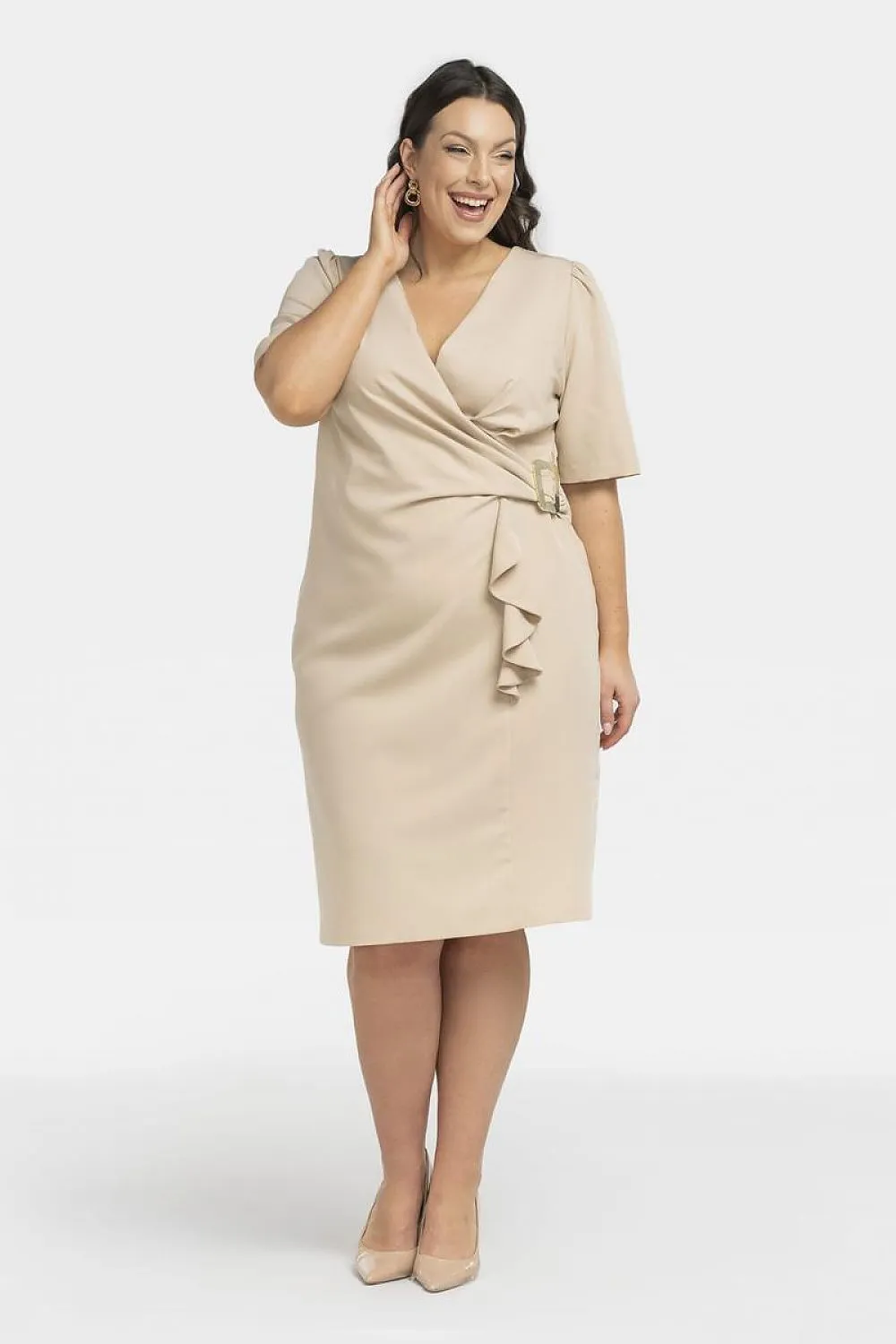 JTDF Elegant Pencil Dress – Chic XXL Fit with Ruffle & Buckle Detail
