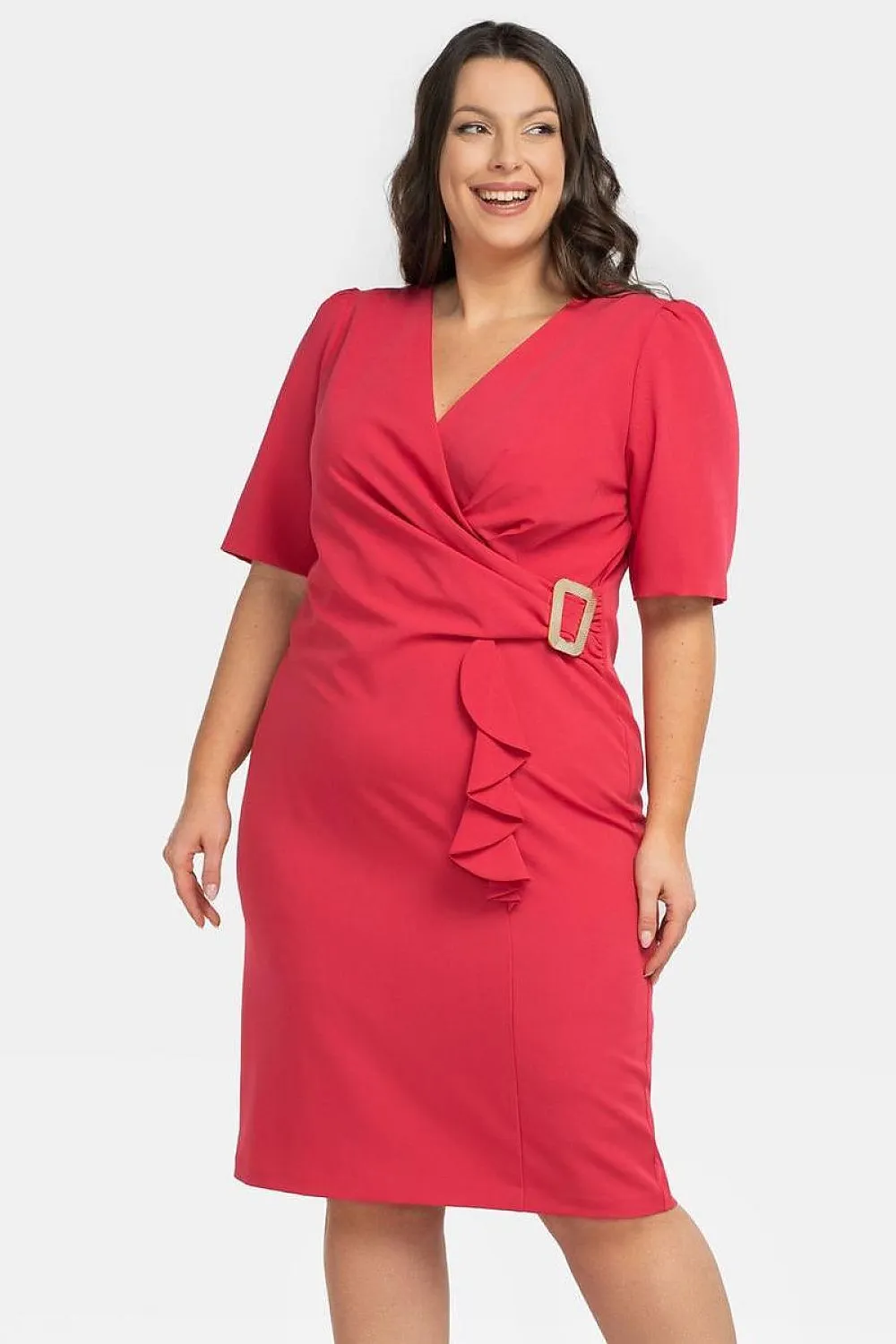 JTDF Elegant Pencil Dress – Chic XXL Fit with Ruffle & Buckle Detail