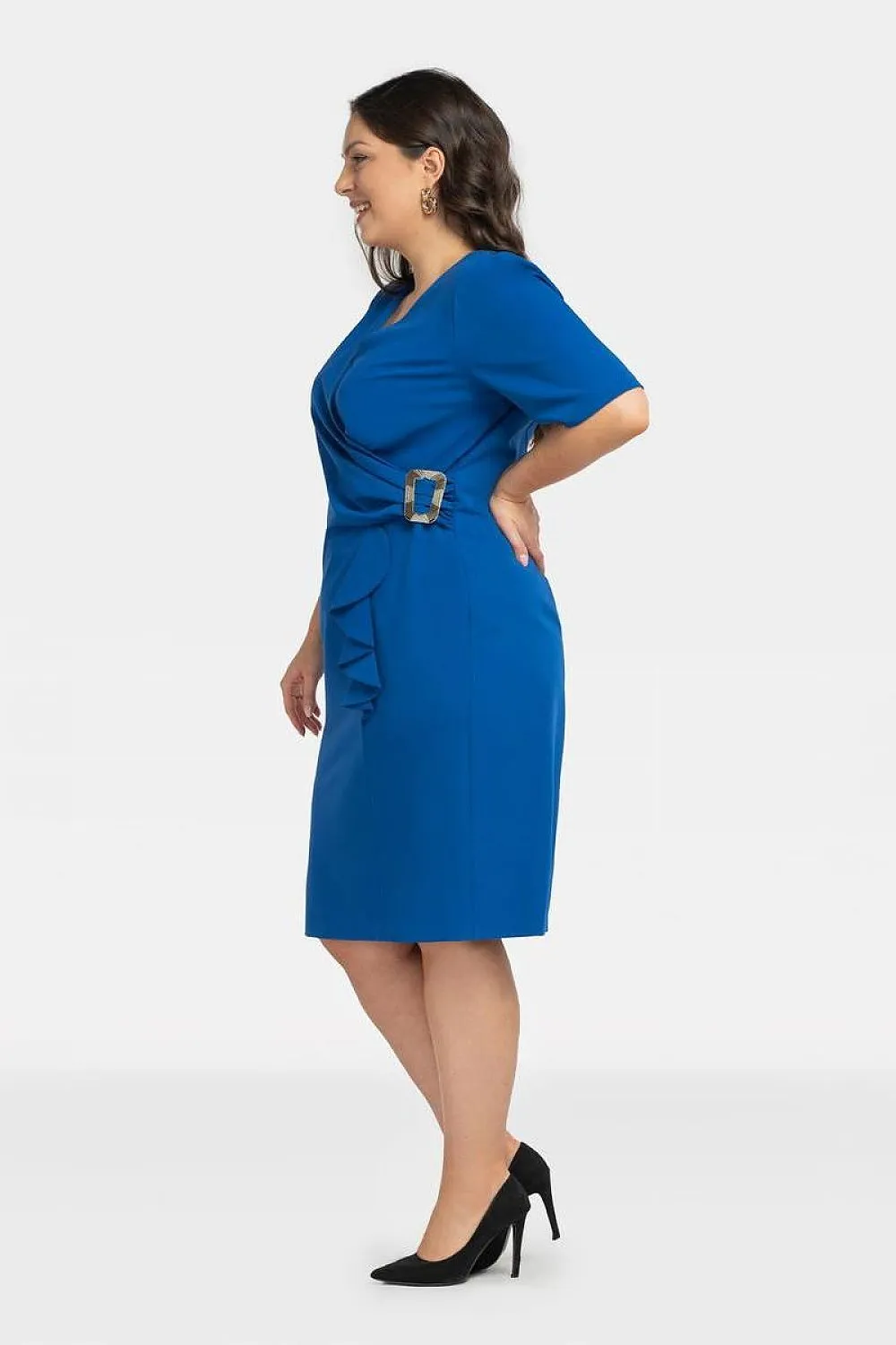 JTDF Elegant Pencil Dress – Chic XXL Fit with Ruffle & Buckle Detail